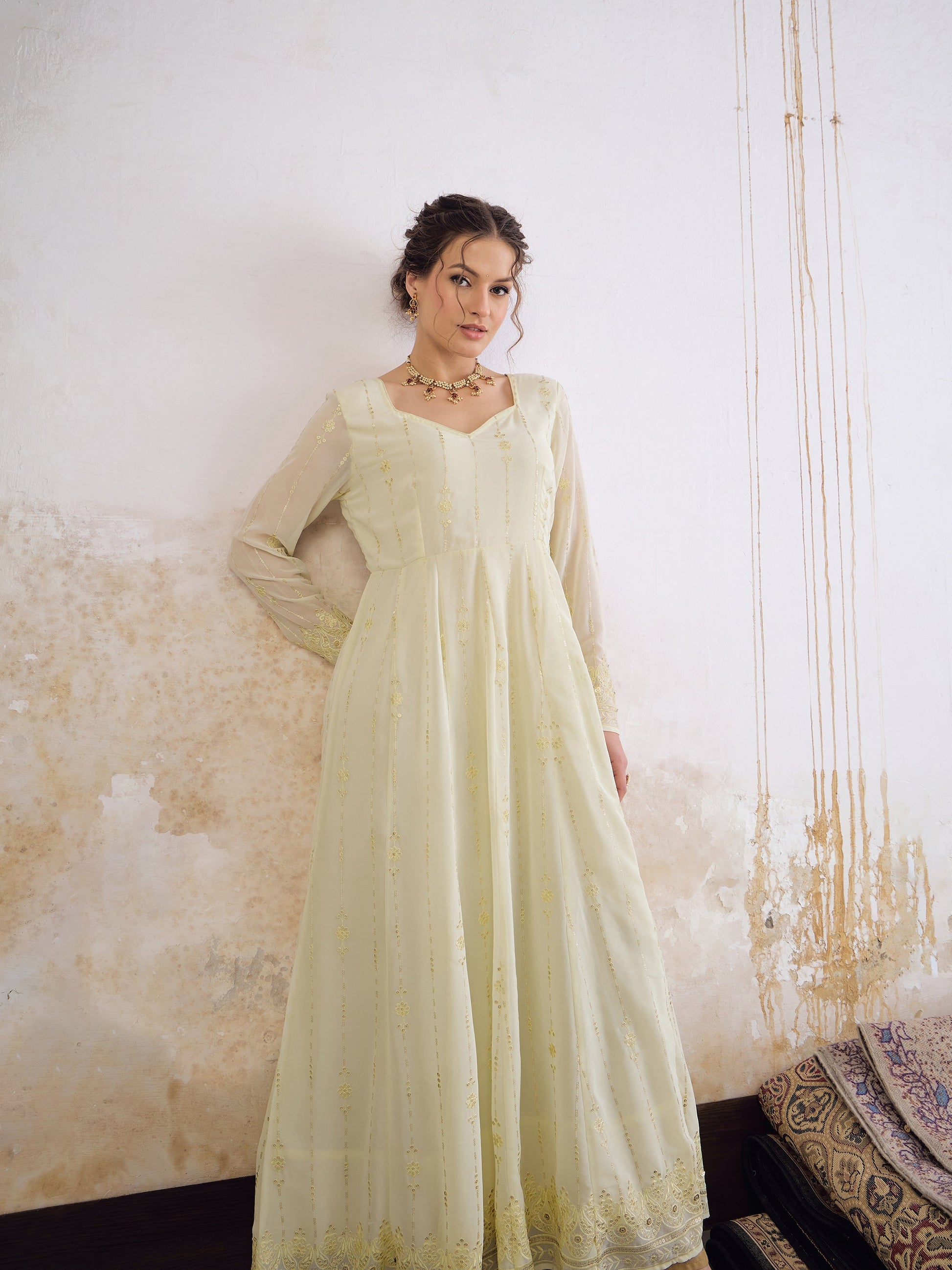 Pastel Yellow Sweetheart Neck Sequence Anarkali Kurta-Shae by SASSAFRAS
