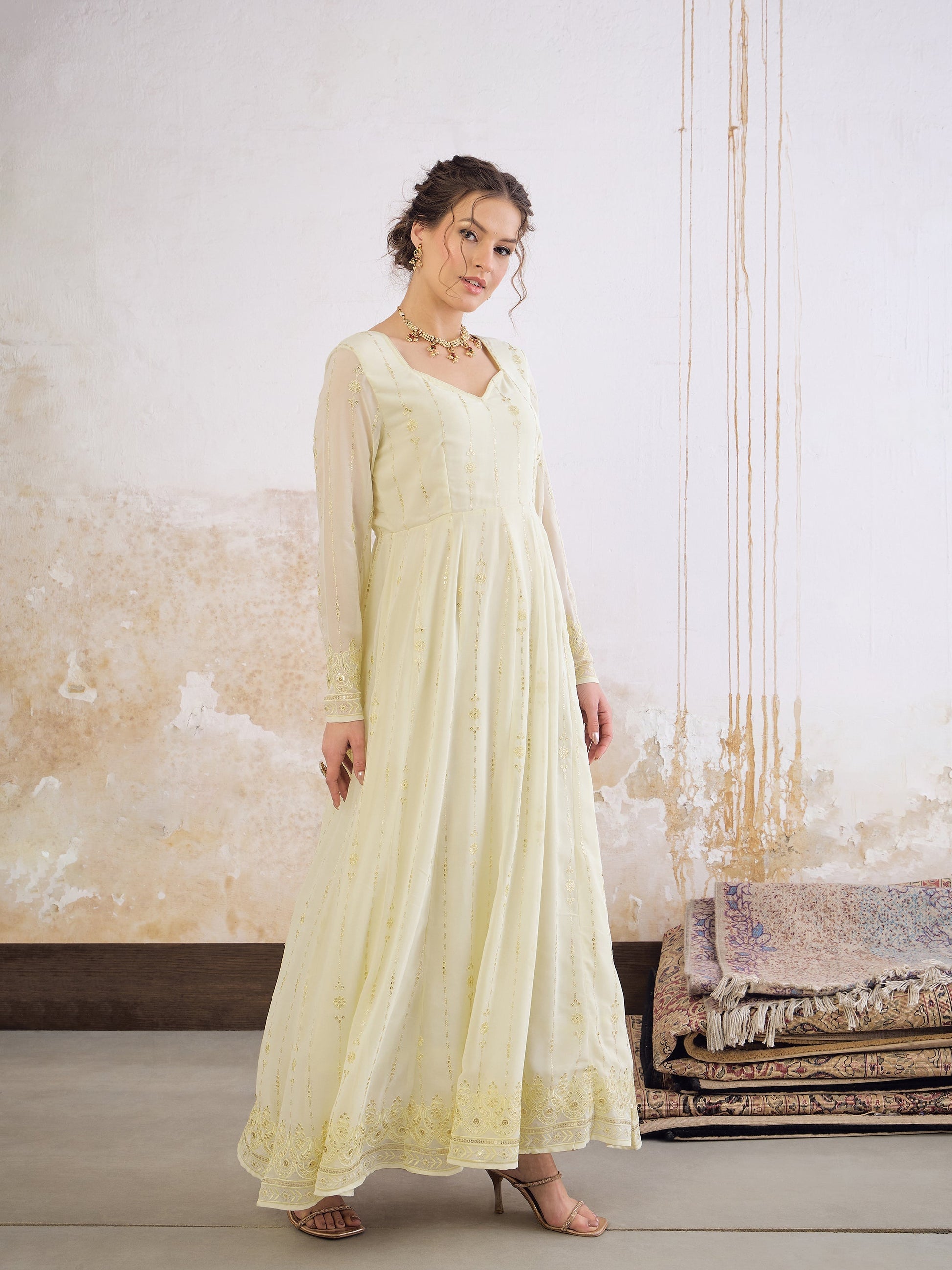 Pastel Yellow Sweetheart Neck Sequence Anarkali Kurta-Shae by SASSAFRAS