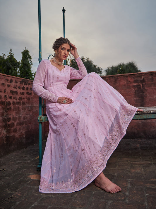 Pastel Pink Sweetheart Neck Anarkali Kurta -Shae by SASSAFRAS
