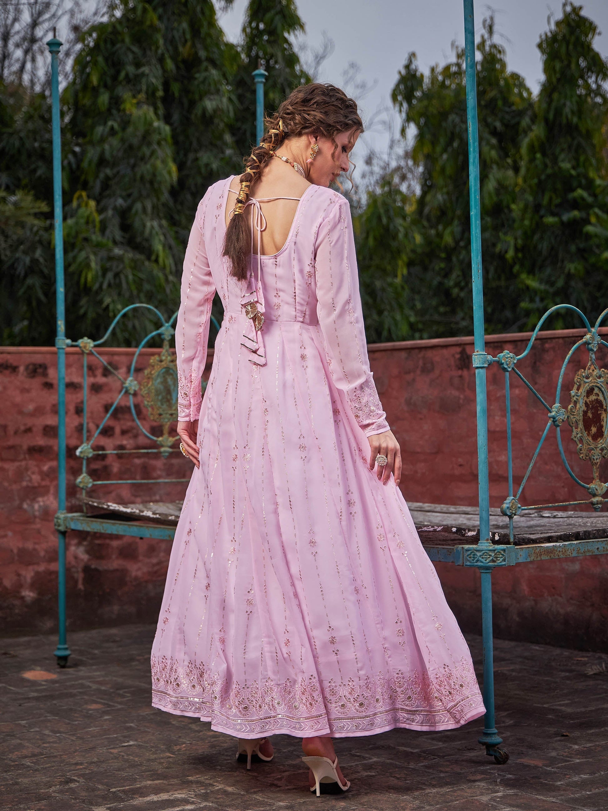 Pastel Pink Sweetheart Neck Anarkali Kurta -Shae by SASSAFRAS