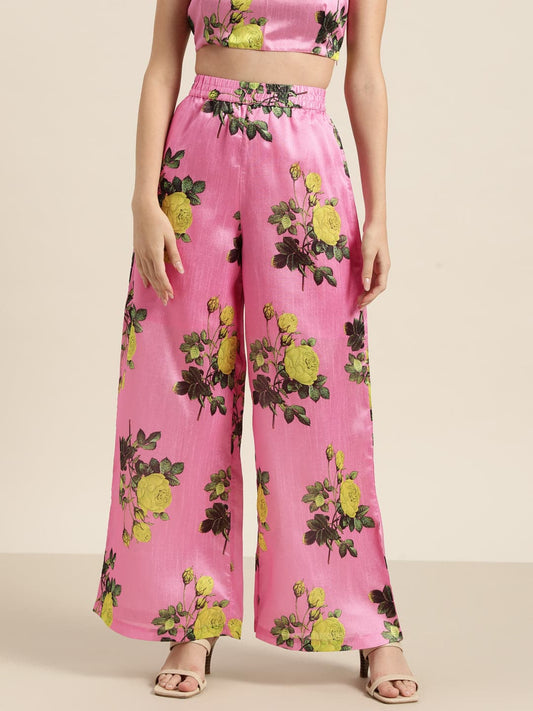 Pink Floral Polysilk Palazzo Pants-Pants-SASSAFRAS