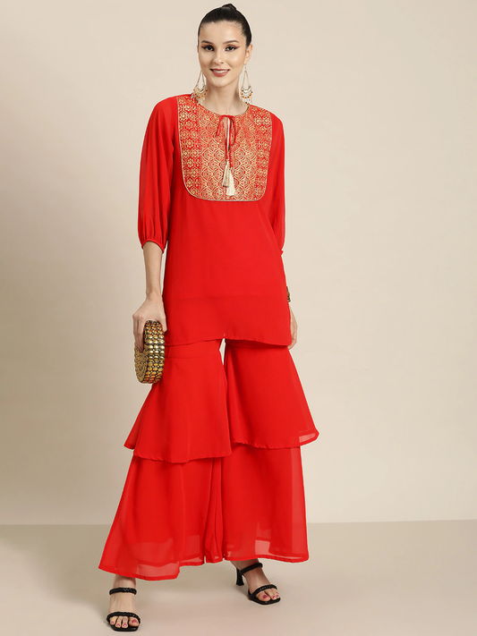Women Red Layered Sharara Pants-Pants-SASSAFRAS