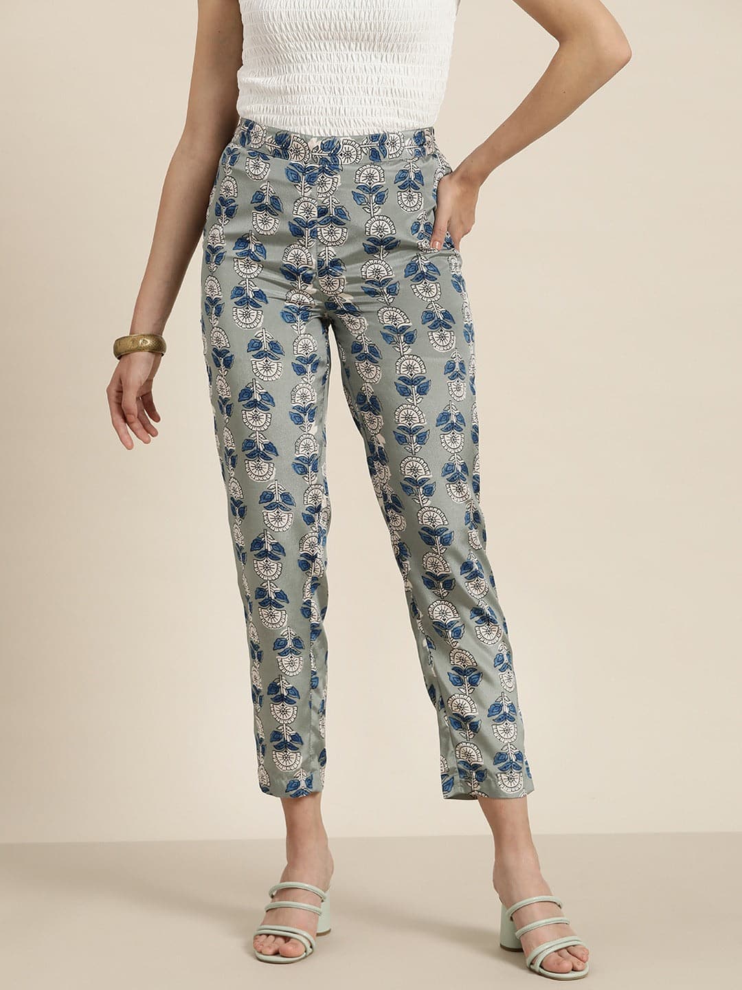 Women Grey Floral Pencil Pants-Pants-SASSAFRAS