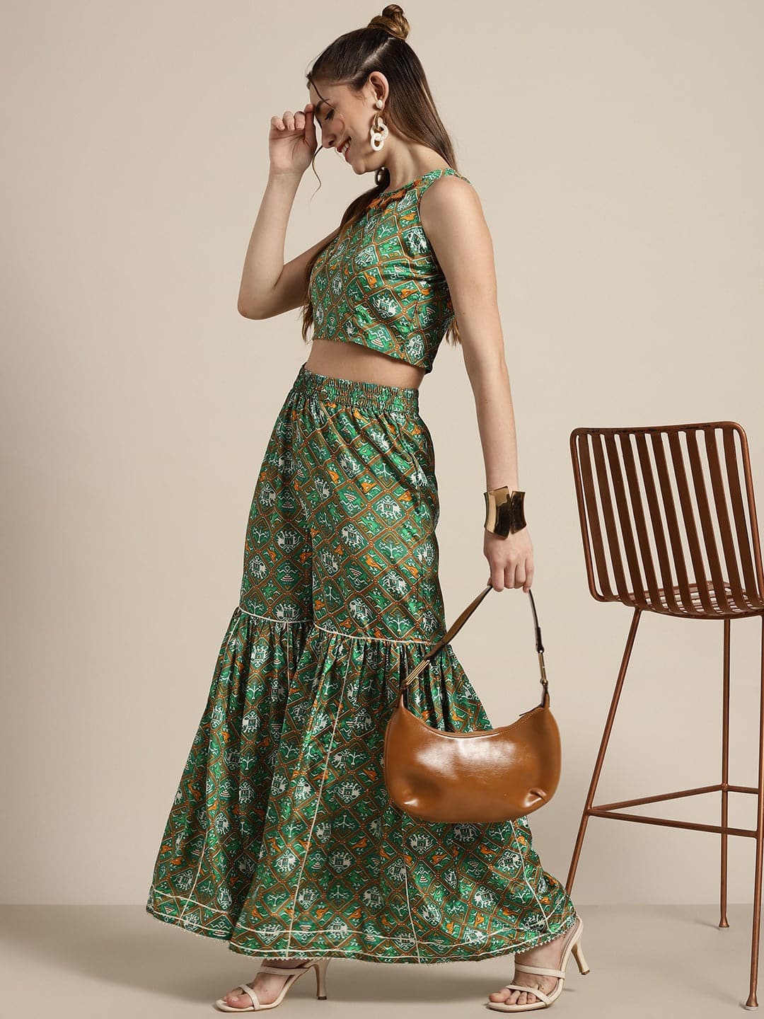Women Green Patola Sharara Pants-Pants-SASSAFRAS