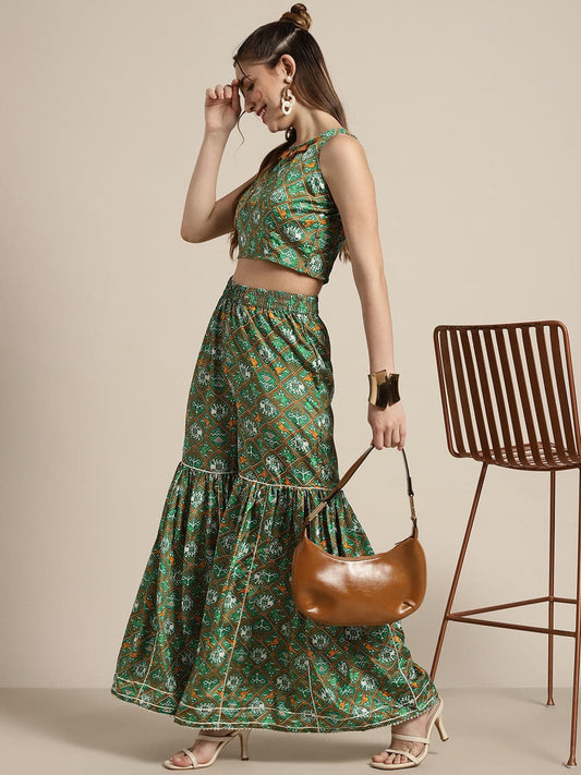 Women Green Patola Sharara Pants-Pants-SASSAFRAS