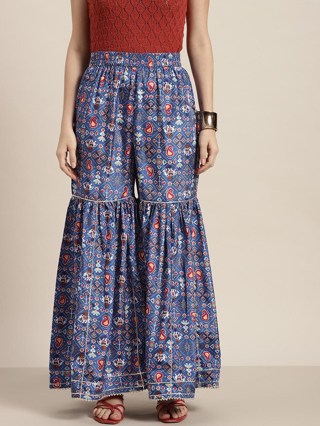 Women Blue Patola Sharara Pants-Pants-SASSAFRAS