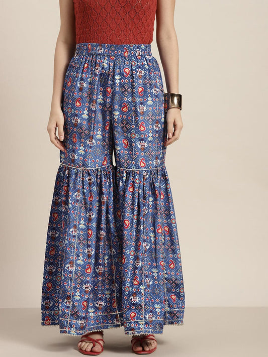 Women Blue Patola Sharara Pants-Pants-SASSAFRAS