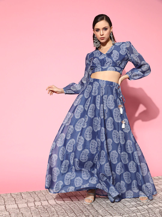 Women Blue Paisley Wrap Crop Top With Aanrakali Skirt