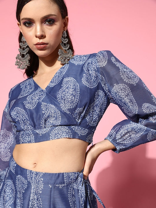 Women Blue Paisley Wrap Crop Top With Aanrakali Skirt