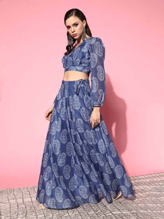Women Blue Paisley Wrap Crop Top With Aanrakali Skirt