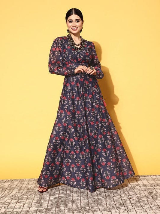 Navy Floral Wrap Crop Top With Aanrakali Skirt-Shae by SASSAFRAS
