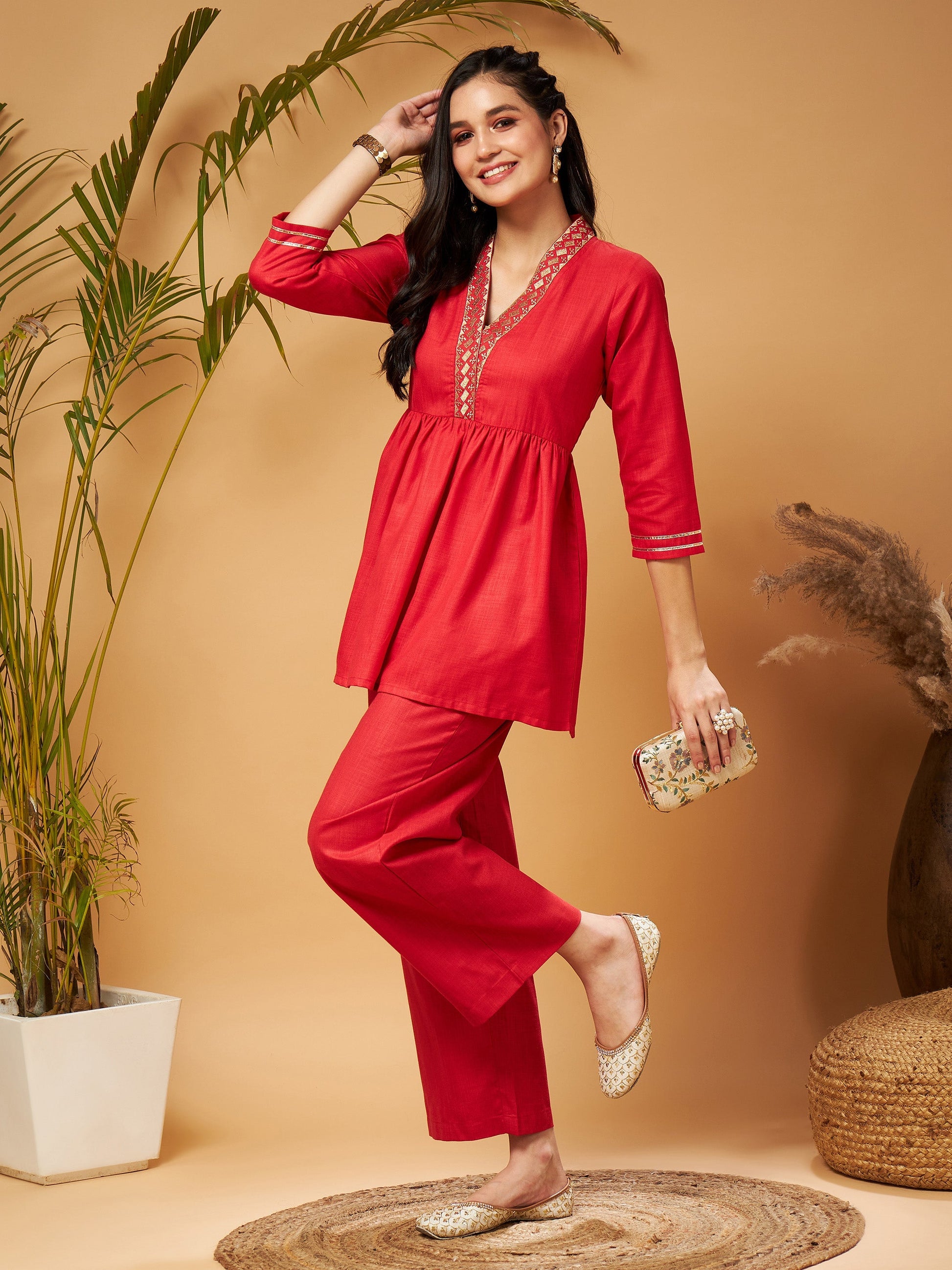 Red Embroidered Gathered Top With Palazzos-Shae by SASSAFRAS