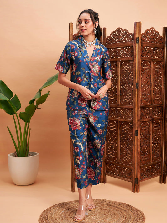 Blue Floral Blazer With Straight Pants-Shae by SASSAFRAS