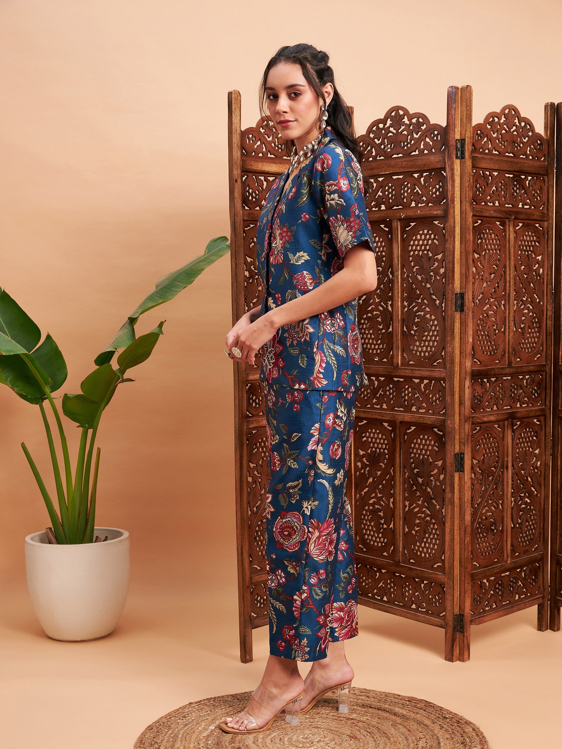 Blue Floral Blazer With Straight Pants-Shae by SASSAFRAS