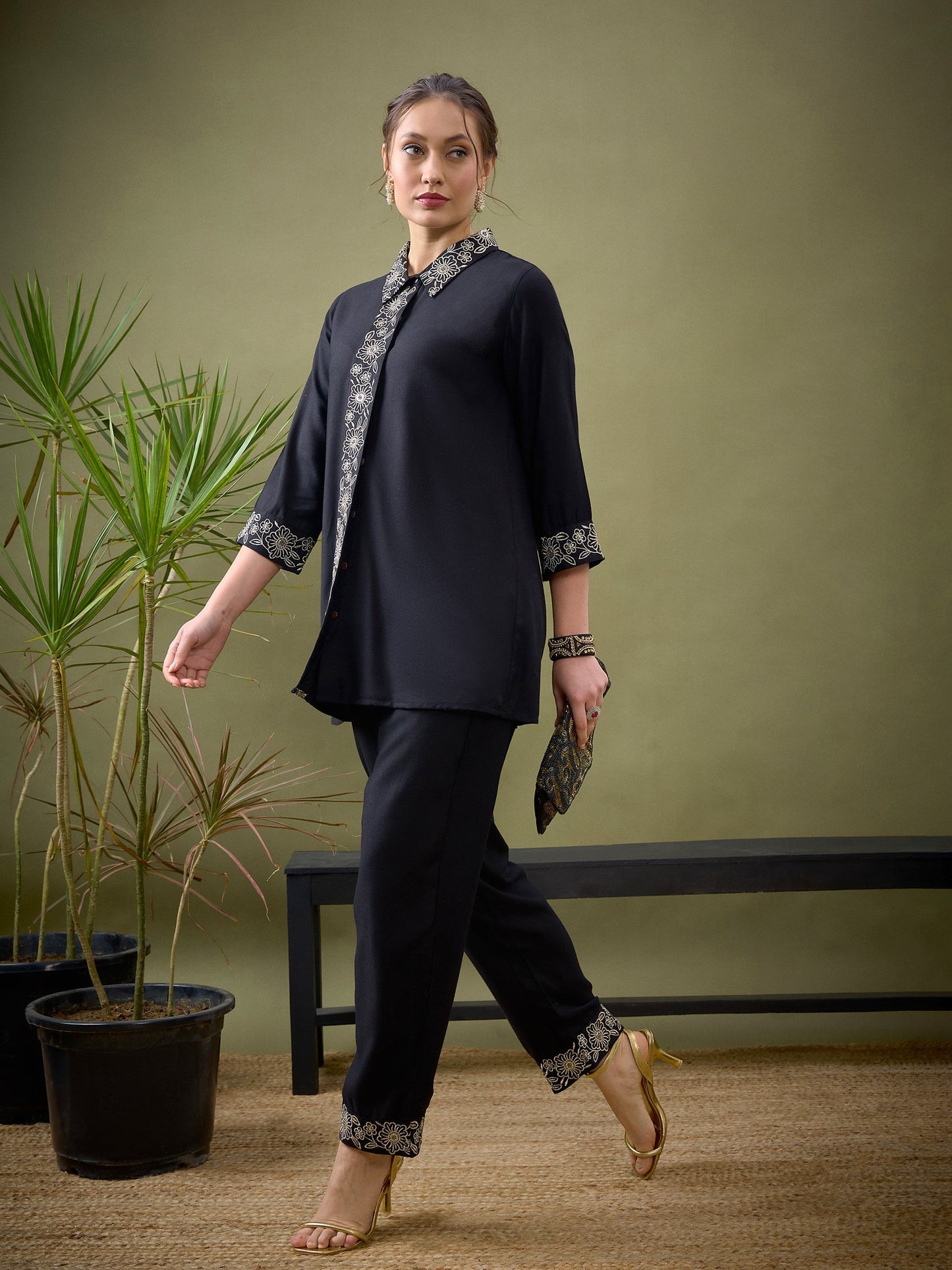 Black Collar And Placket Embroidered Shirt With Palazzos-Shae by SASSAFRAS
