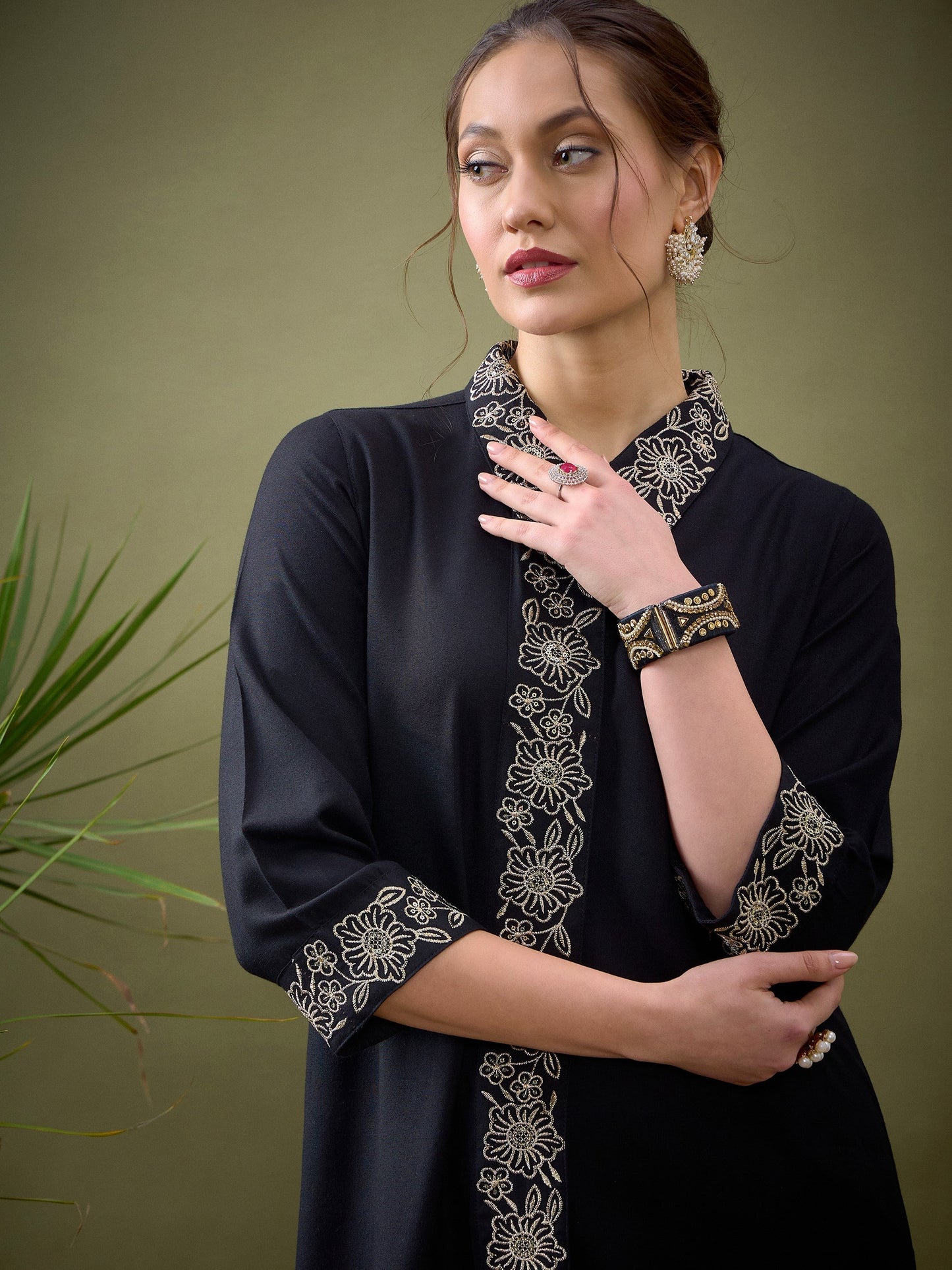 Black Collar And Placket Embroidered Shirt With Palazzos-Shae by SASSAFRAS