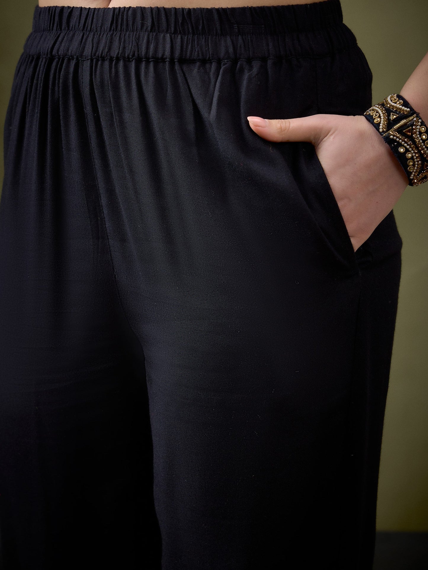 Black Collar And Placket Embroidered Shirt With Palazzos-Shae by SASSAFRAS