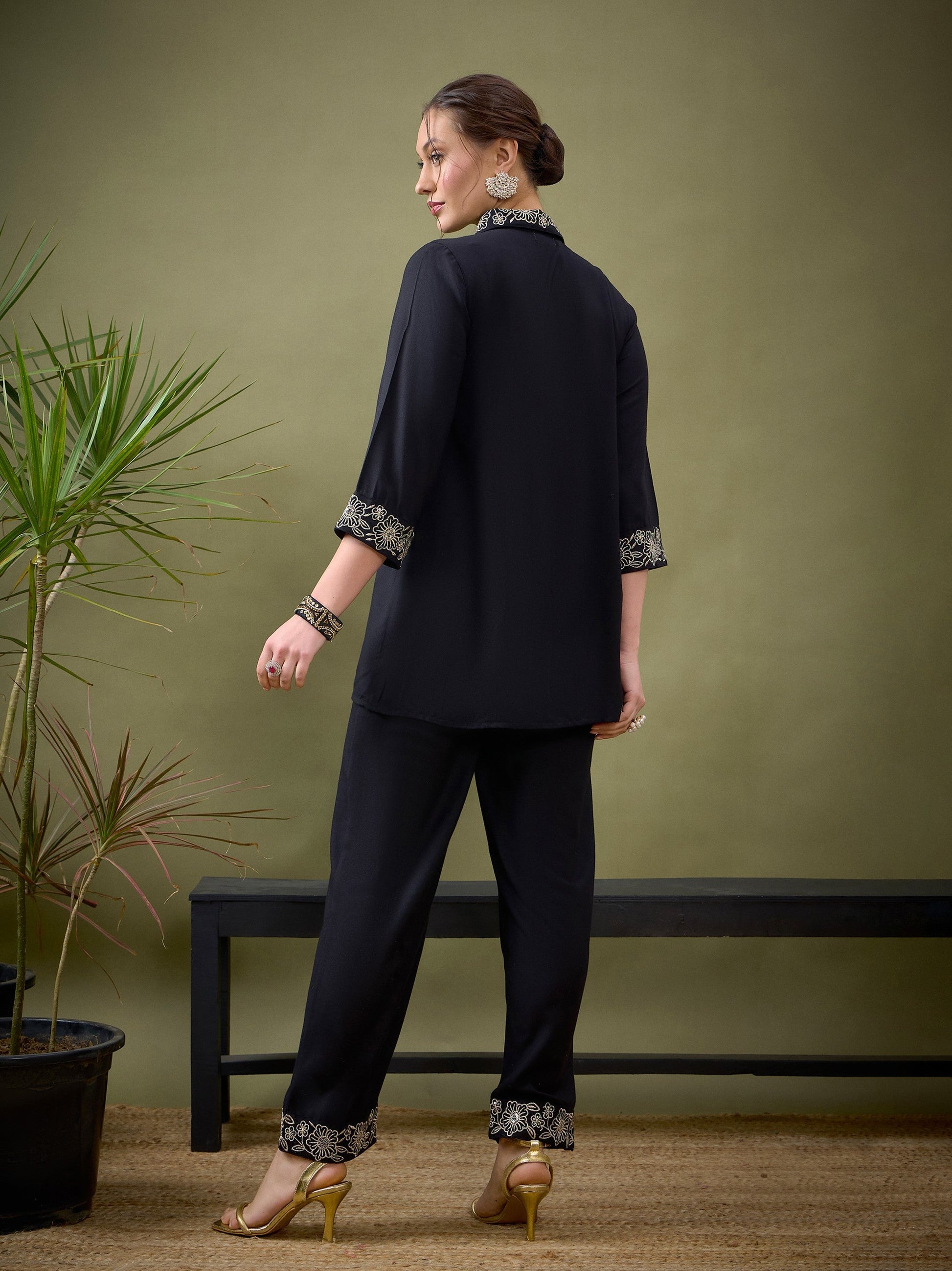 Black Collar And Placket Embroidered Shirt With Palazzos-Shae by SASSAFRAS