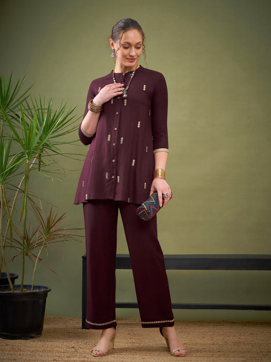 Burgundy Rayon Mirror Embroidered Shirt With Palazzos-Shae by SASSAFRAS