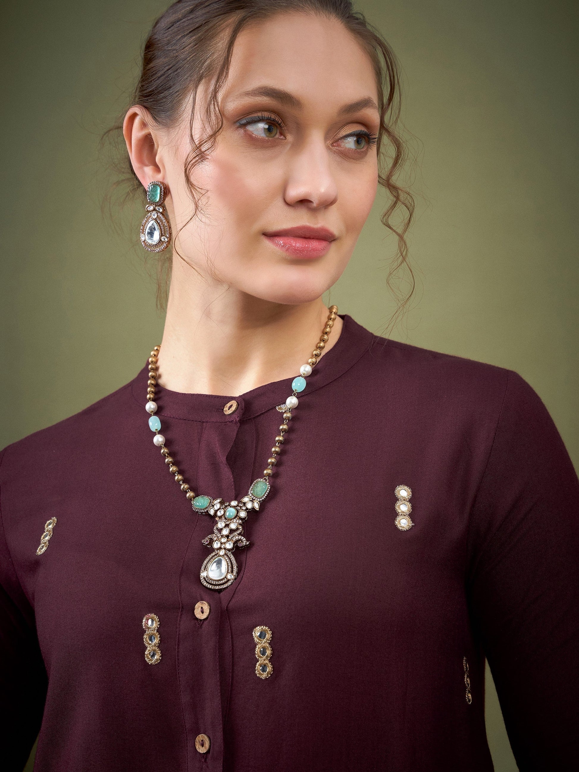 Burgundy Rayon Mirror Embroidered Shirt With Palazzos-Shae by SASSAFRAS