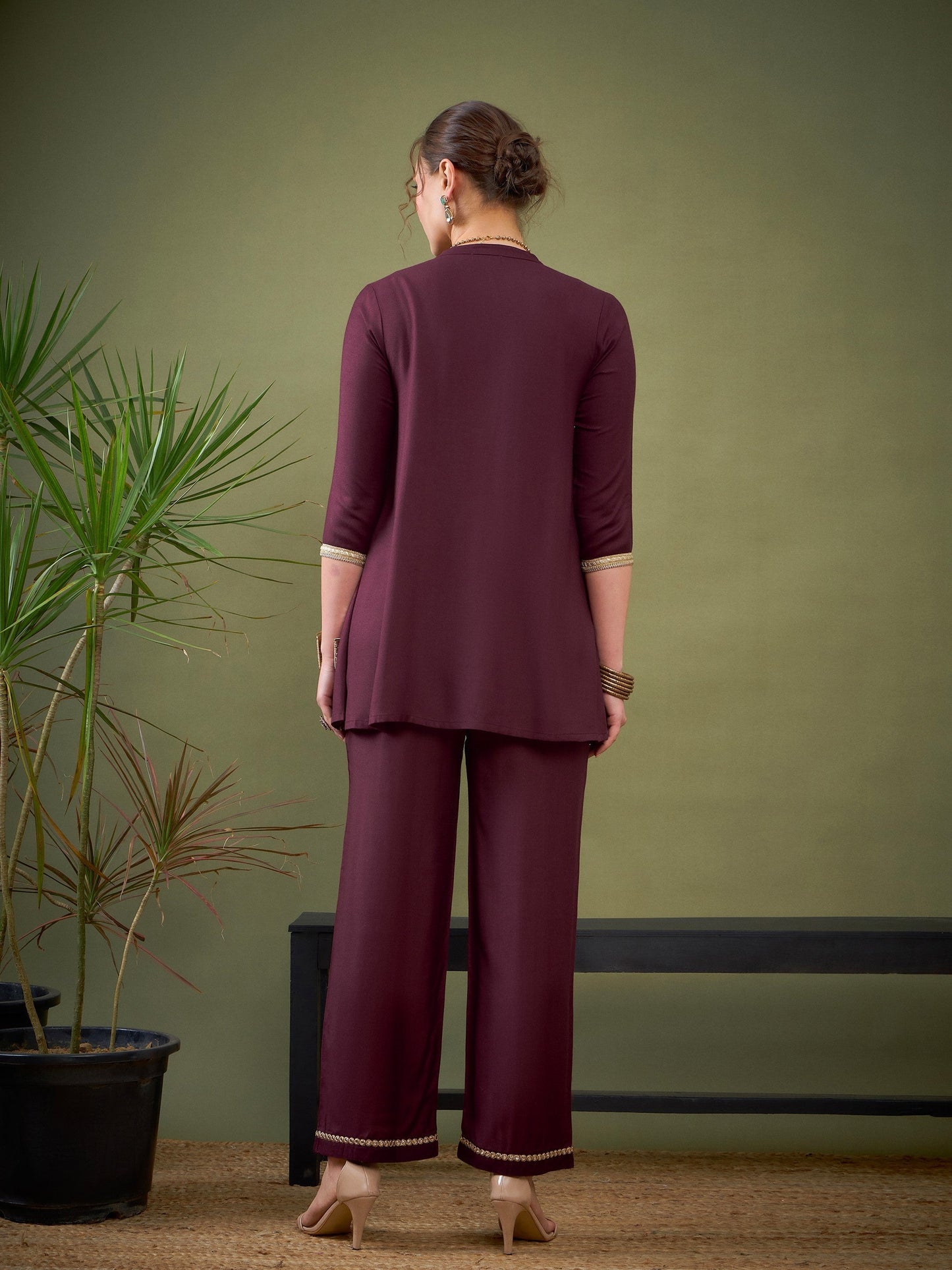 Burgundy Rayon Mirror Embroidered Shirt With Palazzos-Shae by SASSAFRAS