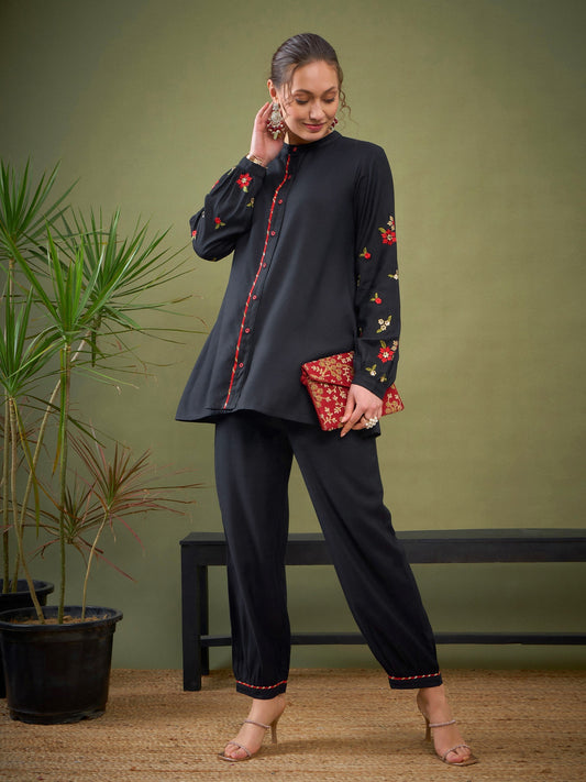 Black Sleeve Embroidered Shirt With Cuff Pants-Shae by SASSAFRAS