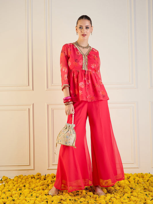Fuchsia Floral Peplum Top With Flared Pants-Shae by SASSAFRAS