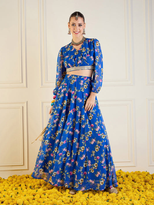 Royal Blue Floral Anarkali Skirt With Wrap Crop Top-Shae by SASSAFRAS