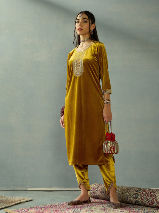 Mustard Velvet Embroidered Kurta With Tulip Pants-Shae by SASSAFRAS