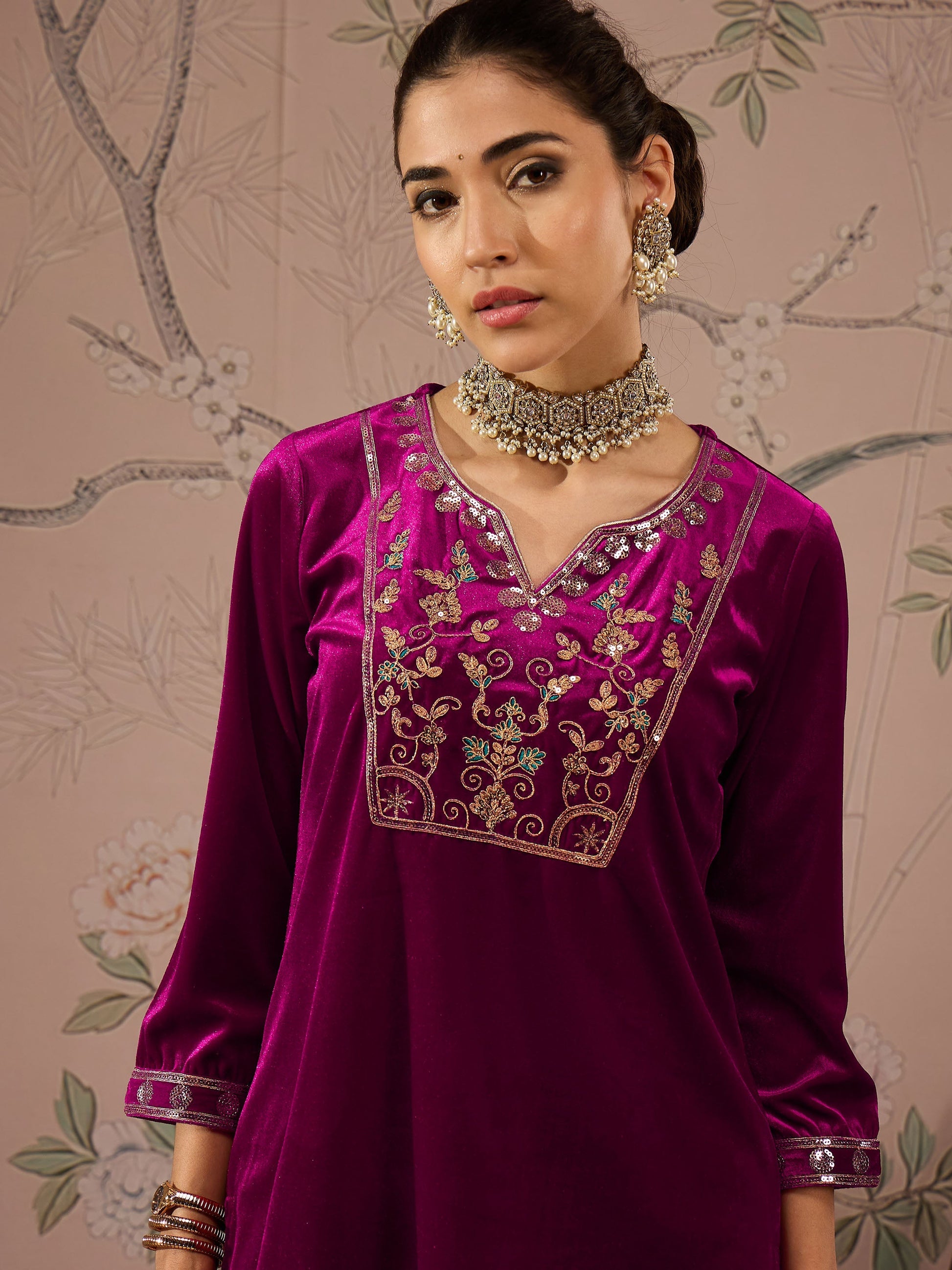 Fuchsia Velvet Embroidered Short Kurta With Palazzo Pants -Shae by SASSAFRAS