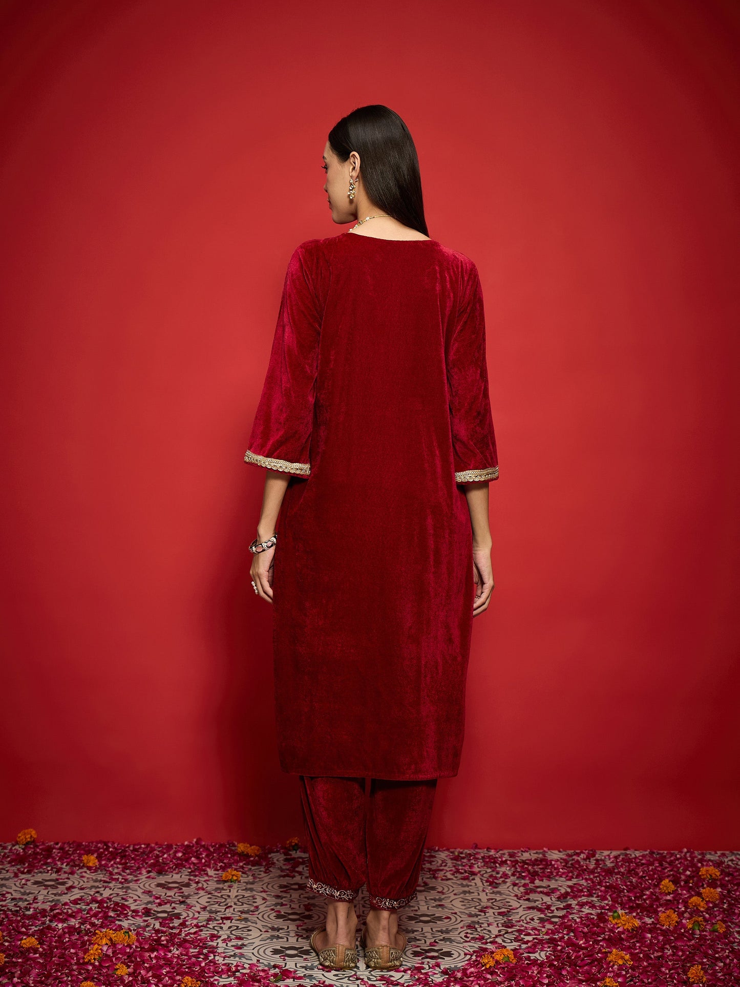 Maroon Velvet Front Emb Kurta With Afghani Pants-Shae by SASSAFRAS