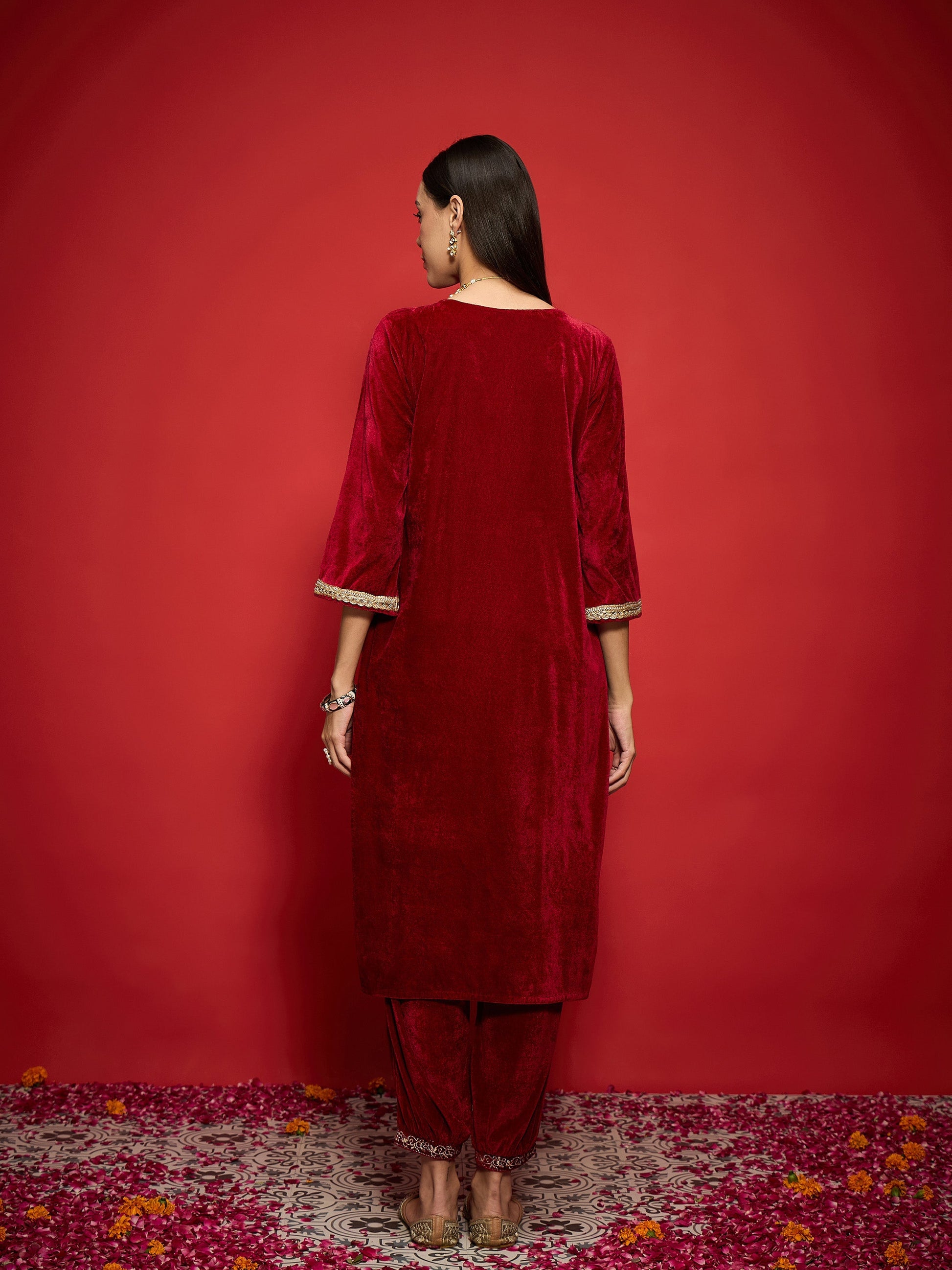 Maroon Velvet Front Emb Kurta With Afghani Pants-Shae by SASSAFRAS