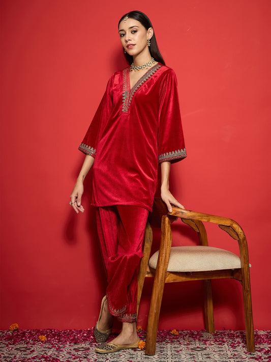 Red Velvet Emb V-Neck Short Kurta with Straight Pants-Shae by SASSAFRAS
