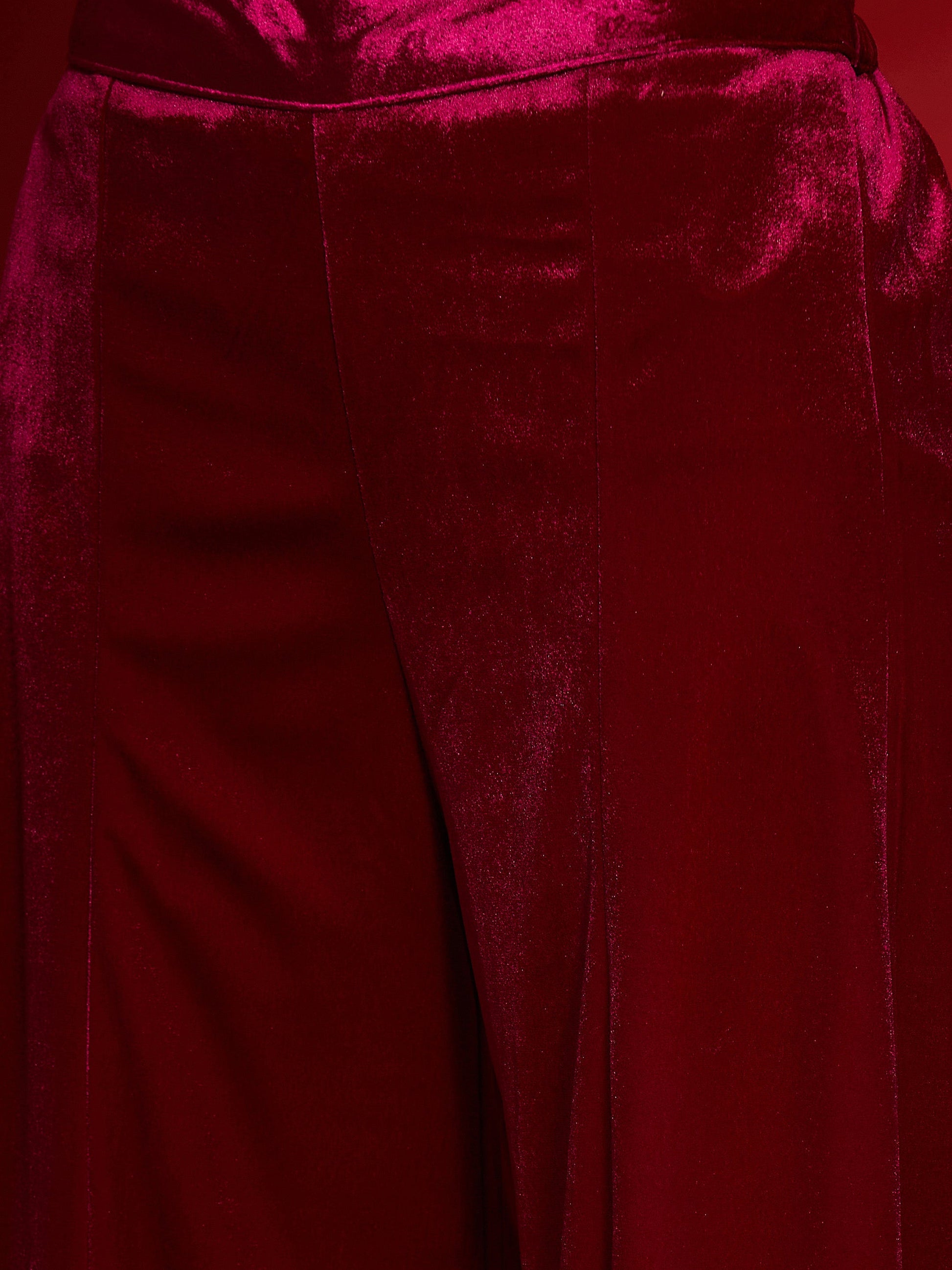 Fuchsia Velvet Placket Emb Short Kurta With Palazzos-Shae by SASSAFRAS