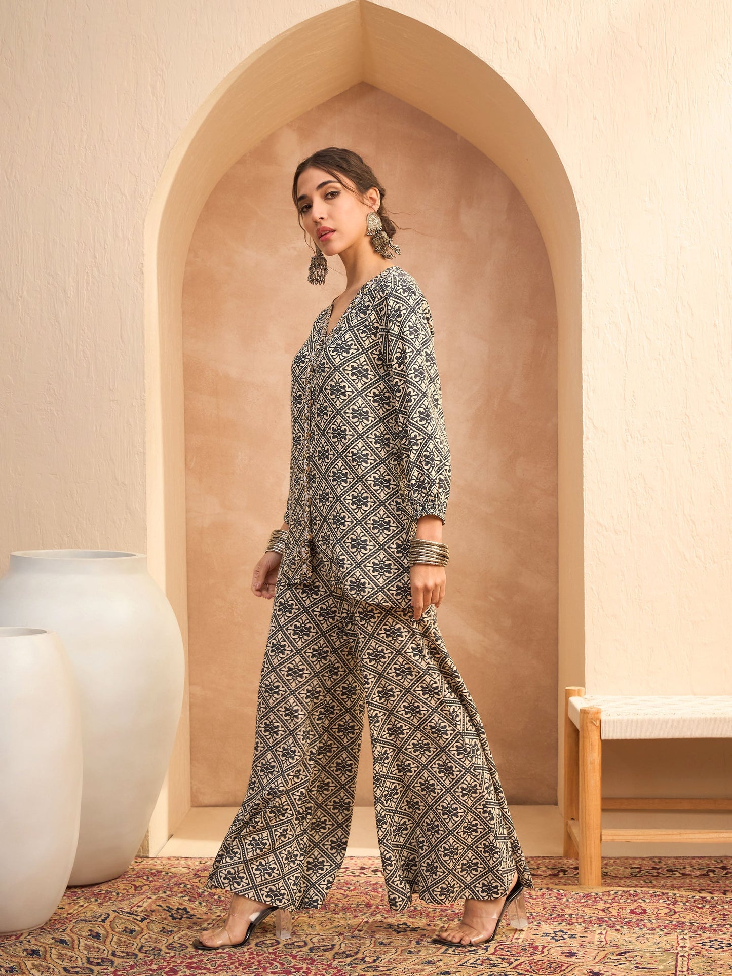 Beige & Black Floral Shirt With Palazzos-Shae by SASSAFRAS