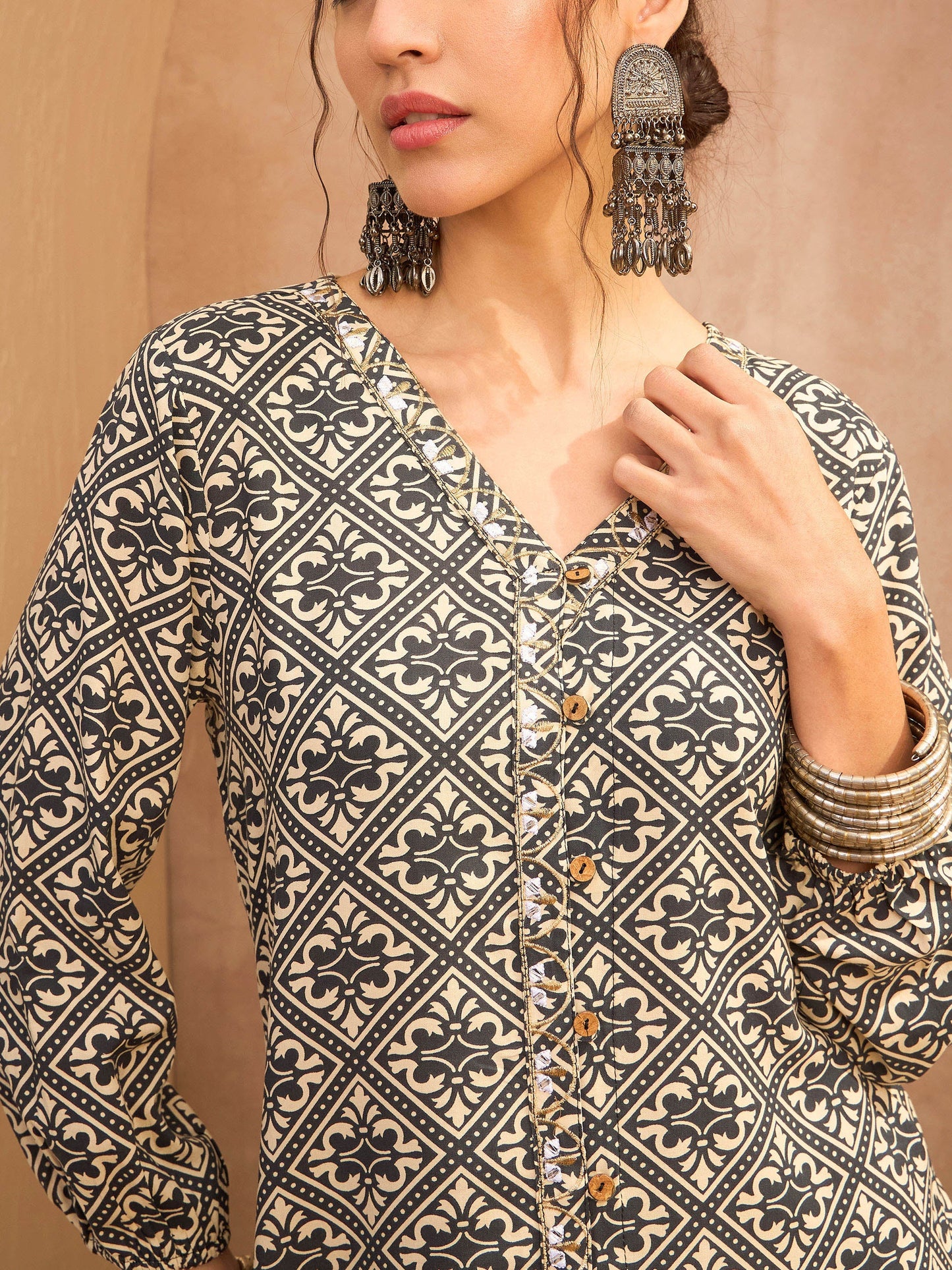 Beige & Black Floral Shirt With Palazzos-Shae by SASSAFRAS