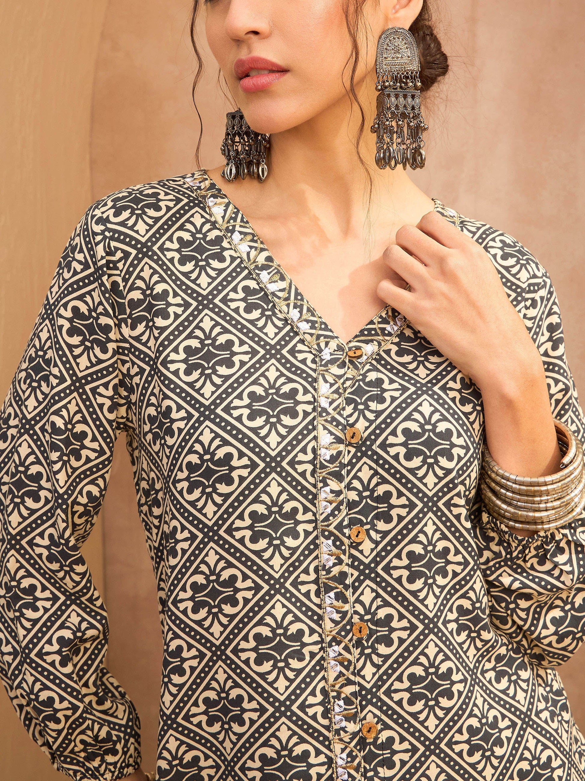 Beige & Black Floral Shirt With Palazzos-Shae by SASSAFRAS