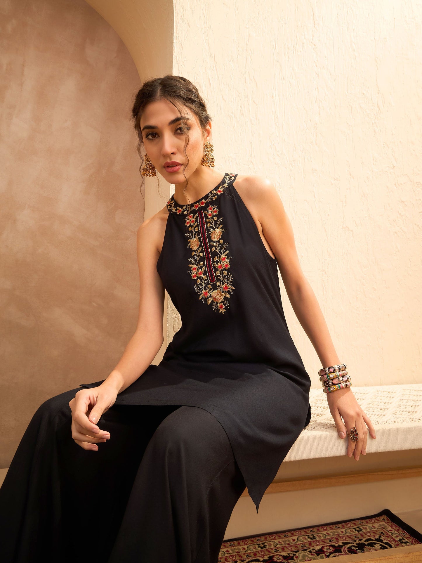 Black Embroidered Halter Kurta With Palazzo Pants-Shae by SASSAFRAS