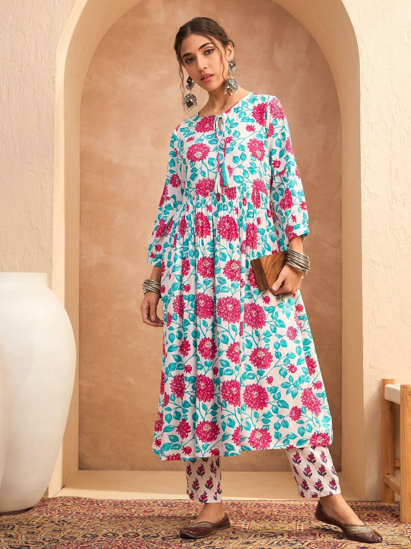 Off White Floral Gathered Kurta With Pencil Pants-Shae by SASSAFRAS