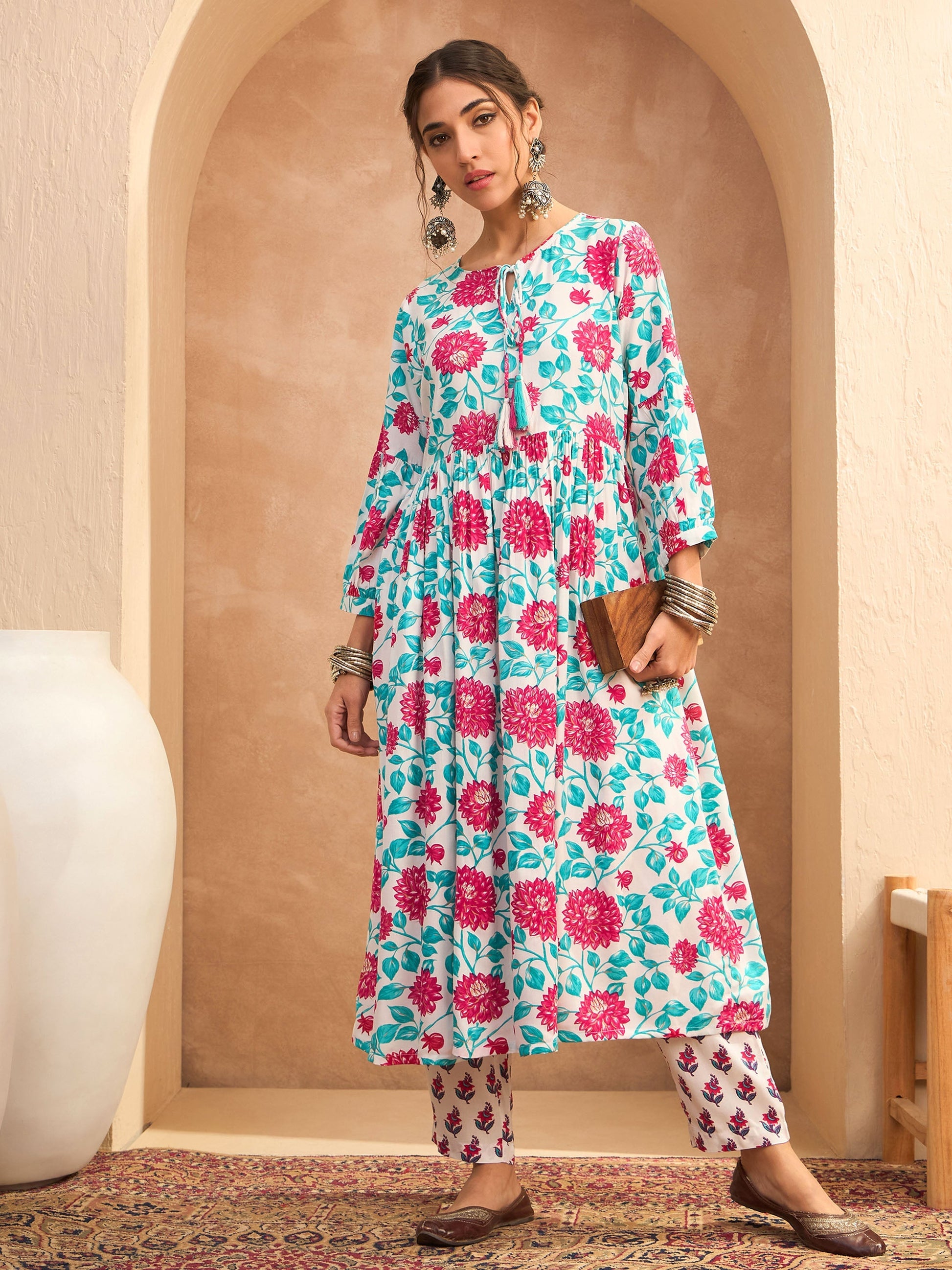Off White Floral Gathered Kurta With Pencil Pants-Shae by SASSAFRAS