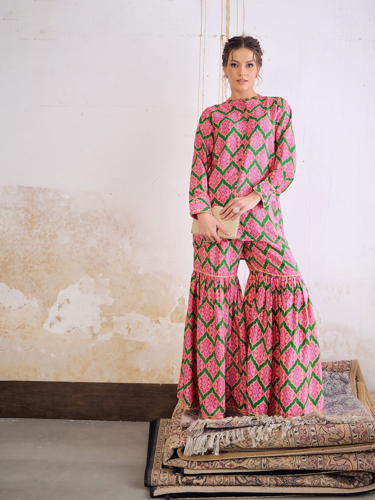 Green Kasturi Crepe Front Button Top With Sharara Pants -Shae by SASSAFRAS