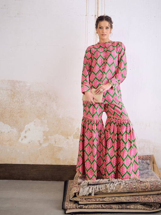 Green Kasturi Crepe Front Button Top With Sharara Pants -Shae by SASSAFRAS