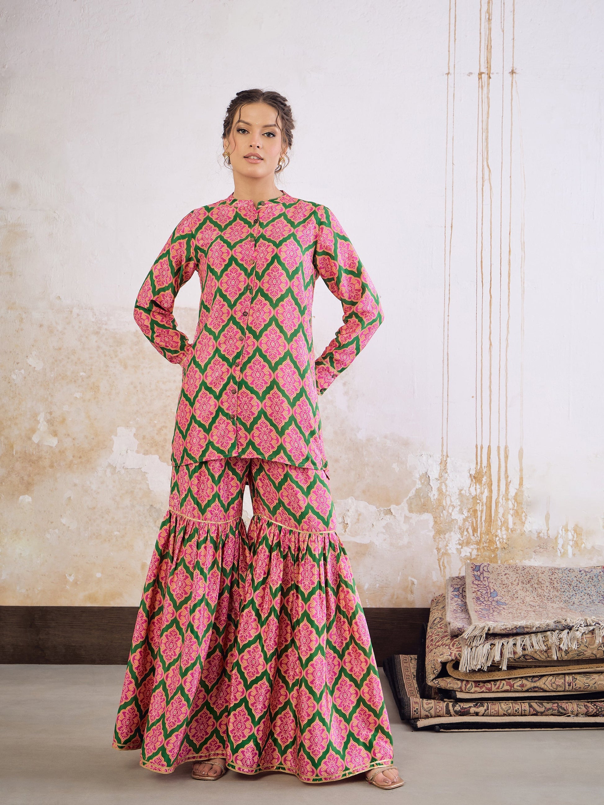 Green Kasturi Crepe Front Button Top With Sharara Pants -Shae by SASSAFRAS