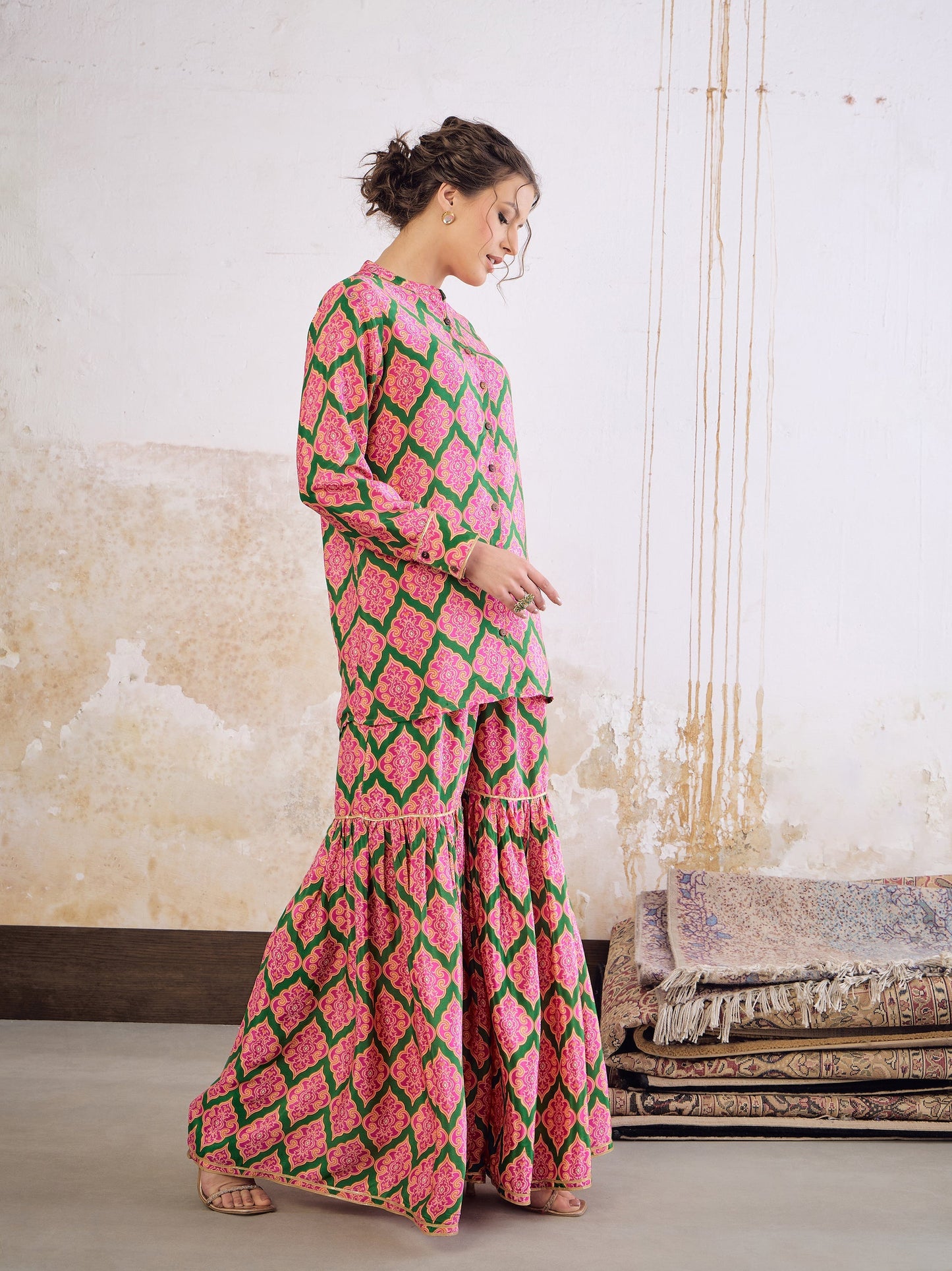 Green Kasturi Crepe Front Button Top With Sharara Pants -Shae by SASSAFRAS