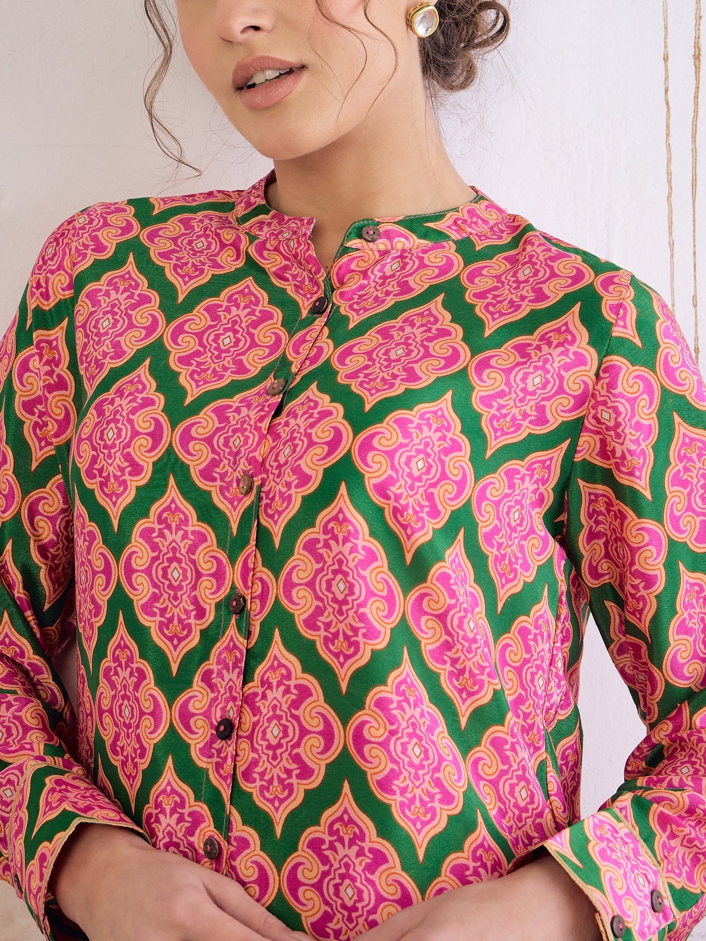 Green Kasturi Crepe Front Button Top With Sharara Pants -Shae by SASSAFRAS
