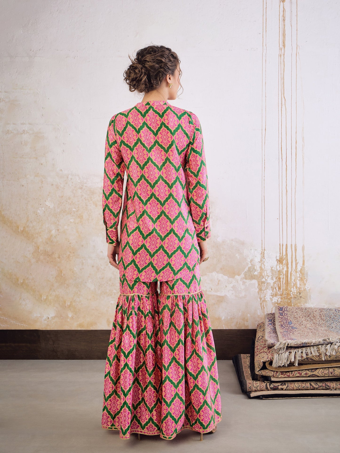 Green Kasturi Crepe Front Button Top With Sharara Pants -Shae by SASSAFRAS