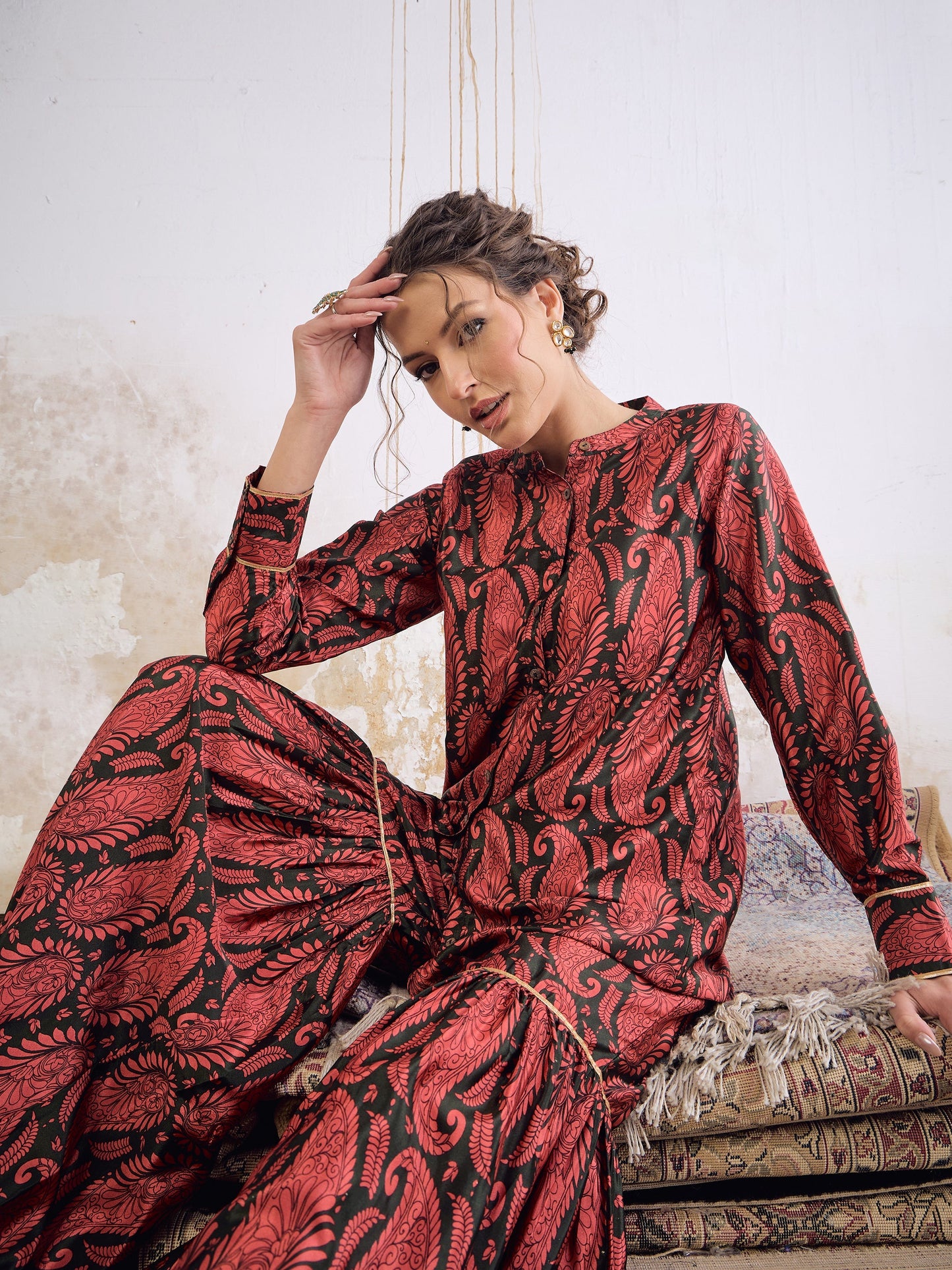 Emerald Kasturi Crepe Front Button Top With Sharara Pants-Shae by SASSAFRAS