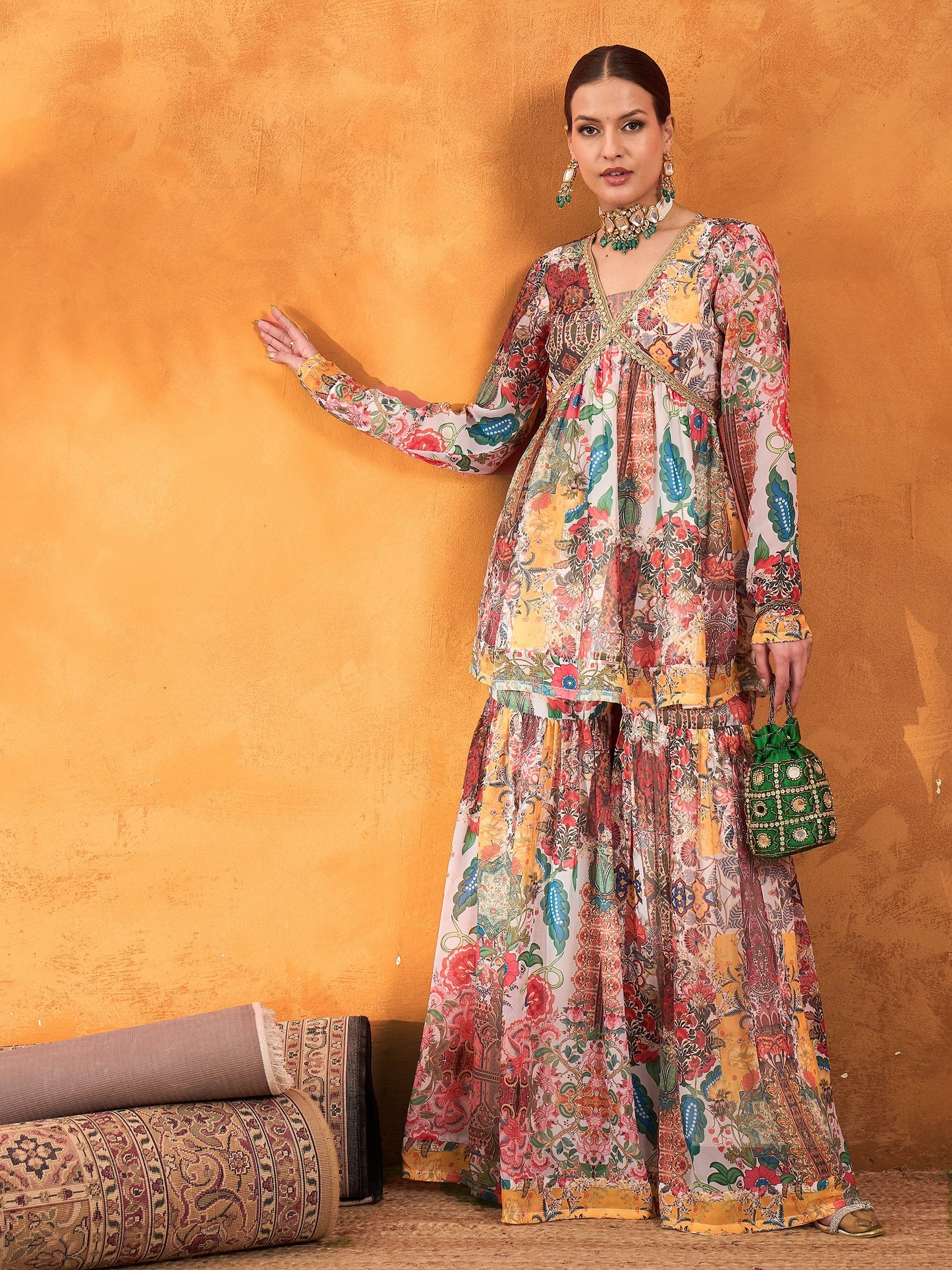 White Multi Floral Peplum Top With Sharara Pants -Shae by SASSAFRAS