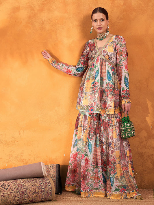 White Multi Floral Peplum Top With Sharara Pants -Shae by SASSAFRAS