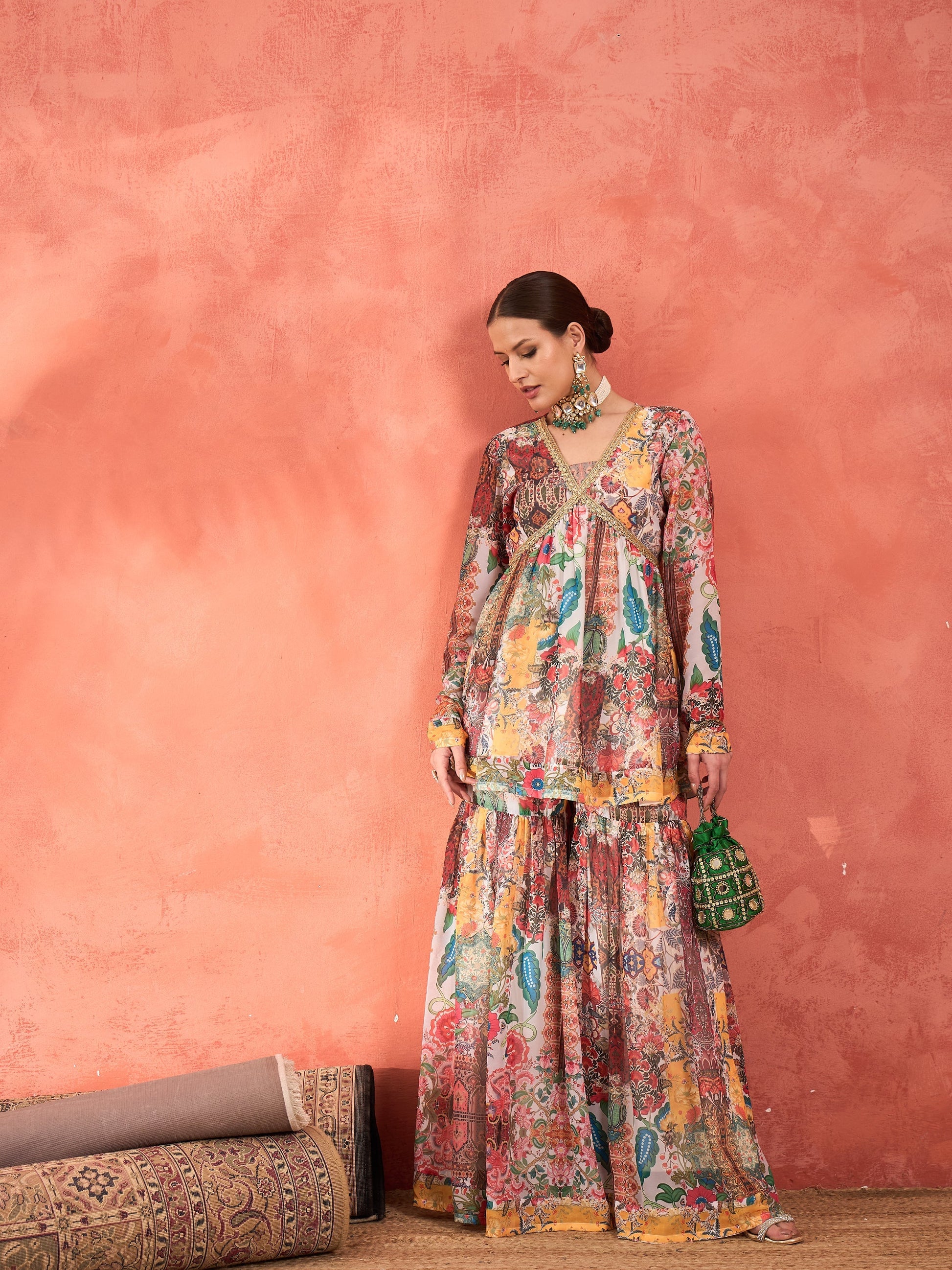 White Multi Floral Peplum Top With Sharara Pants -Shae by SASSAFRAS